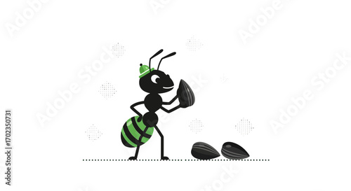 Cartoon Ant Observing Seeds and Anticipating a Successful Transport Adventure