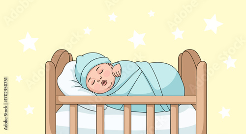 An Adorable Illustration Of a Sleeping Baby Infant Gently Resting In a Crib