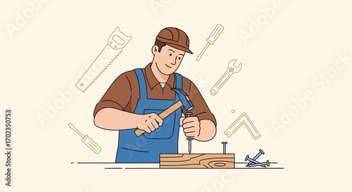 Carpenter Working With Hammer And Nail, Crafting Project With Wood, Vector Illustration