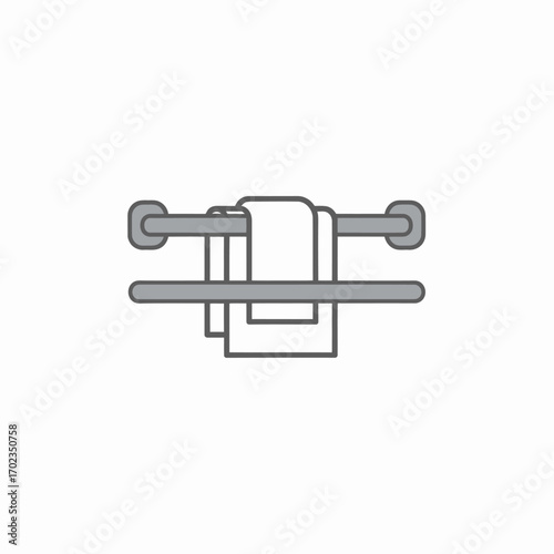 A simple line art illustration of a metal towel rack with a folded white towel hanging on it.