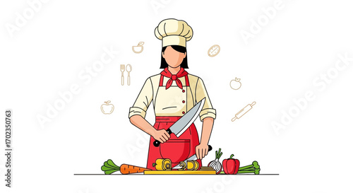 Cartoon Chef Chopping Fresh Vegetables on the Cutting Board in a Kitchen Setting