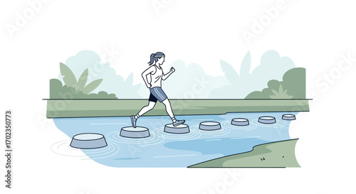 An Athlete Navigating Stepping Stones Across Water, Achieving Fitness and Overcoming Obstacles