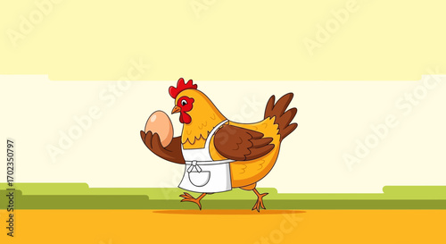 Cartoon Hen With Egg, Walking Forward, Symbolizing Egg Production And Farm Life