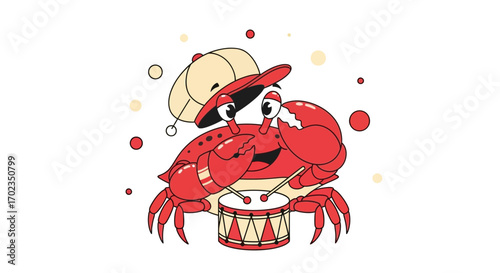 Cartoon Crab Musician Playing a Drum, Cheerful Red Crustacean with Hat and Expression