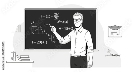 An Intellectual Portrayal: The Professor Explaining Complex Mathematical Concepts on Board
