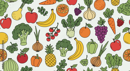 Fresh and Vibrant Fruit and Vegetable Pattern, Perfect for Healthy Eating Campaigns and Culinary-Themed Backgrounds, Enhancing Food Blogs and Nutrition Guides