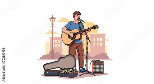 Street Musician Vector Illustration, Ideal for Music Blogs, Event Flyers, and Promoting Local Arts and Culture, Showcasing Talent and Community Spirit