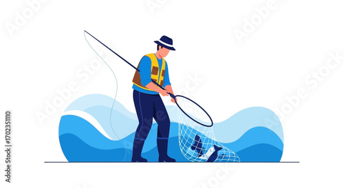 Angler Capturing Fish With A Landing Net In Calm Water, Illustration of a fisherman