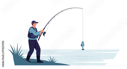 Angler Casting His Line in Tranquil Waters Successfully Reeling in a Fish for the Catch