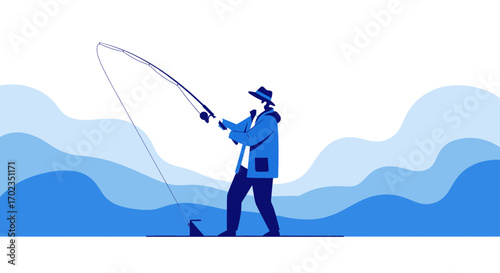 Angler Casting Rod Vector Illustration Depicting Leisure, Skill, and Tranquility Scene