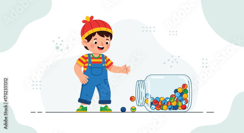 Animated Boy Beside Overturned Jar Of Colorful Spheres, A Playful Scene Depicted