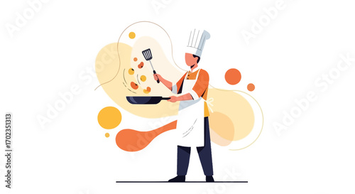Animated Chef Cooking Food with a Spatula in Abstract and Colorful Restaurant