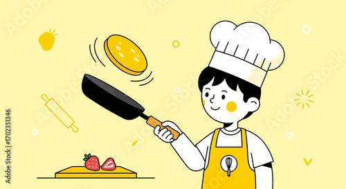 Animated Chef Flipping Pancake in Whimsical Kitchen Scene with Breakfast Elements