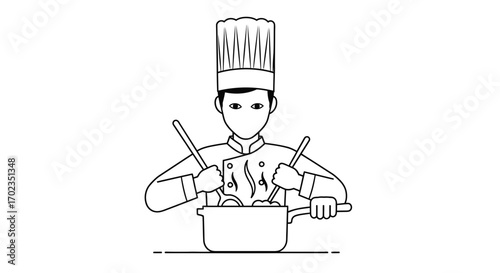Animated Chef in Action Preparing Dish, Cooking Illustration in a Black and White Style