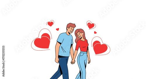 Animated Couple Walking Hand-in-Hand with Floating Hearts Celebrating Affection