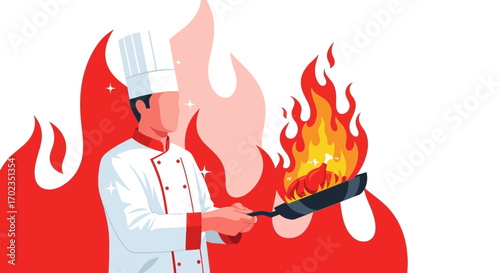 Animated Culinary Professional Preparing Food Over Intense Flames In Stylized Kitchen Illustration