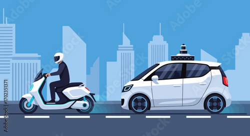 Modern Urban Transportation Illustration Featuring Autonomous Car and Motorbike, Perfect for Technology, Future Mobility, and Smart City Presentations