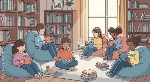 Diverse Children Reading Books in a Cozy Library Illustration, Suitable for Educational Materials and Promoting Literacy among Young Readers