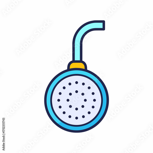 Cartoon illustration of a round shower head with a flexible hose.