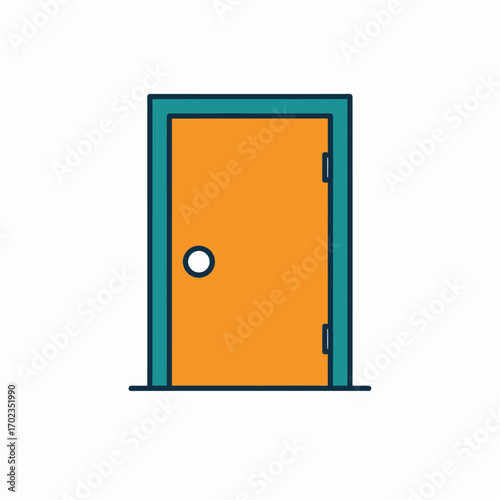 A colorful flat design illustration of a closed orange door with a teal frame and a round doorknob.