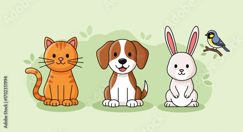 Cute Cartoon Pets Illustration Set, Perfect for Children's Educational Material, Veterinary Clinics, and Pet-Related Advertising Campaigns