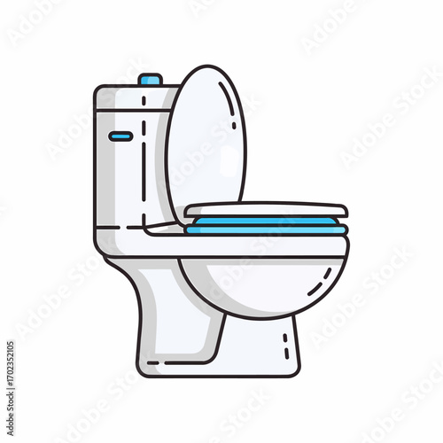 Illustration of a white toilet with the seat and lid partially raised, outlined in black on a white background.