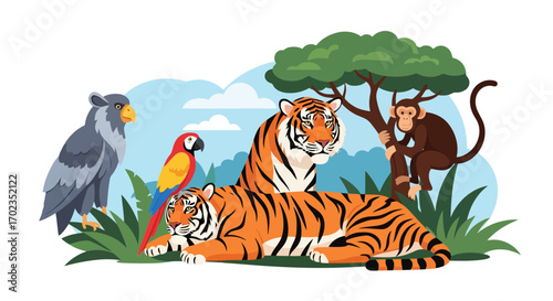 Vibrant Jungle Animal Illustration for Educational Resources, Children's Books, and Conservation Awareness Campaigns, Promoting Wildlife Appreciation and Ecosystem Understanding