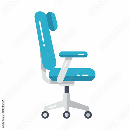 Side view of a modern ergonomic office chair in blue and white, isolated on a white background.