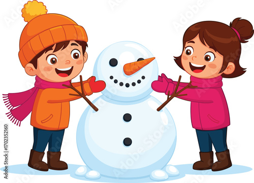 Happy children building snowman together, winter fun, kids wearing warm clothes, outdoor activity, friendship, snowy day, holiday joy, family time