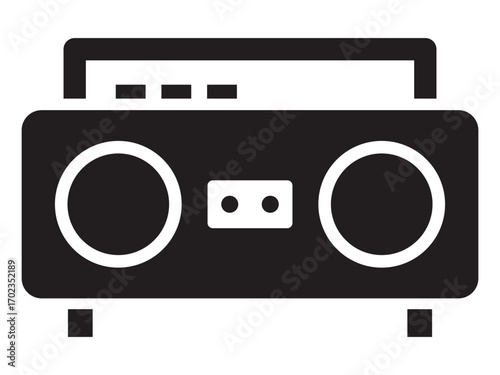 Tape recorder icon. Vector dark portable vintage stereo tape recorder with speakers in a modern design. Audio recording device. Retro music gadget. White isolated background