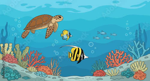 Underwater World Illustration with Turtle, Fish, and Coral, Perfect for Children's Books, Educational Materials, and Marine Conservation Awareness Campaigns