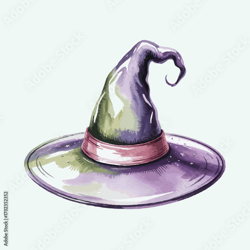 Witch hat with curved tip and pink band in whimsical style  