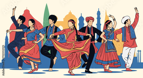 Vibrant Indian Dance Performance Illustration, Ideal for Promoting Cultural Festivals, Travel, and Educational Resources About India's Rich Heritage