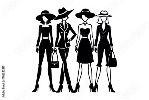 four elegant women wearing hats and dresses silhouette
