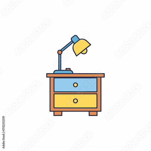 A simple, colorful illustration of a bedside table with two drawers and an adjustable desk lamp positioned on top.