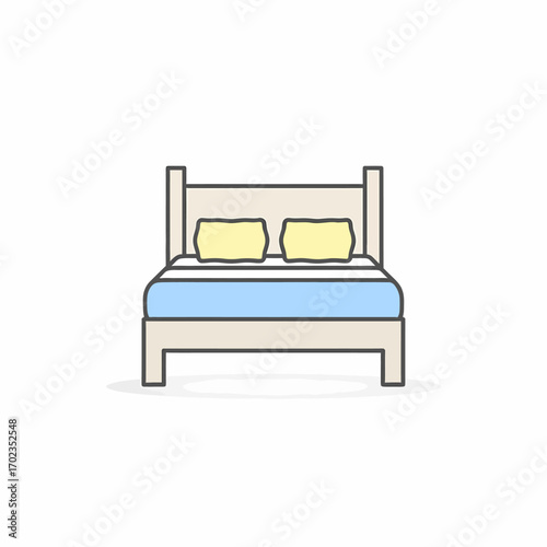 A simple line art illustration of a double bed with a headboard, blue blanket, and two yellow pillows.