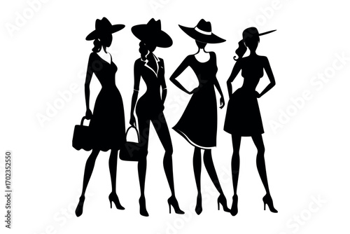 four elegant women wearing hats and dresses silhouette