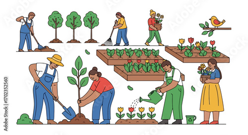 Illustrated Community Garden Scene Depicting Volunteers Planting Flowers, Trees, and Vegetables for a Sustainable and Eco-Friendly Environment