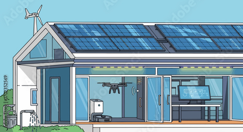 Sustainable Home Illustration Showcasing Renewable Energy Sources and Smart Technology Integration, Perfect for Educational Materials and Environmental Awareness Campaigns