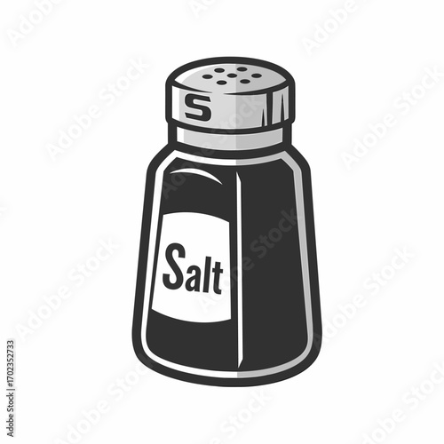 A stylized illustration of a salt shaker, featuring a label and a perforated top.