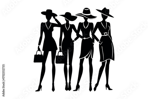 four women wearing hats holding hands silhouette