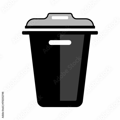 A black and gray trash can icon with a lid, depicted in a simple, graphic style.