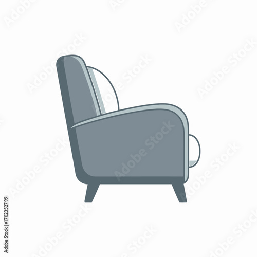 Illustration of a gray armchair with a curved back and armrests, shown in a side view against a white background.