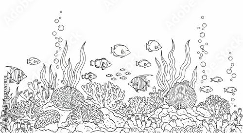 Detailed Underwater Marine Life Illustration, Perfect for Coloring Books, Educational Resources, and Aquatic Themed Projects, Promoting Relaxation