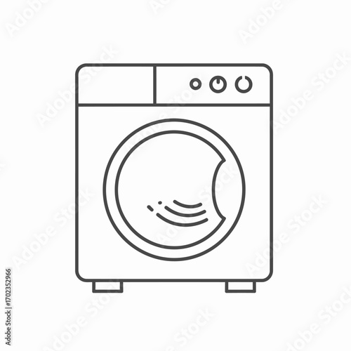 A minimalist line drawing of a modern front-loading washing machine with a circular door and control panel details.