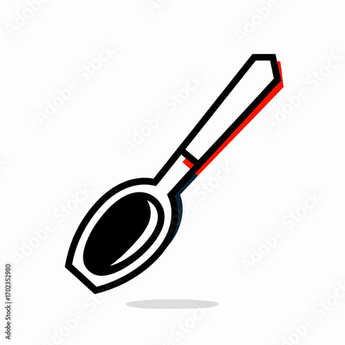A modern graphic icon of a spoon featuring a bold black outline with a red offset shadow effect.