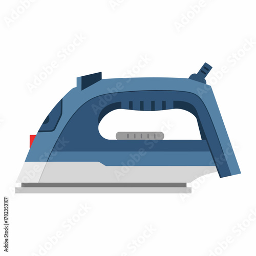 A flat illustration of a contemporary blue and white electric steam iron, ready for pressing fabric.