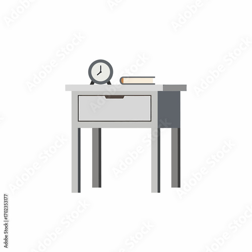 A minimalist illustration of a bedside table featuring a clock and a book.