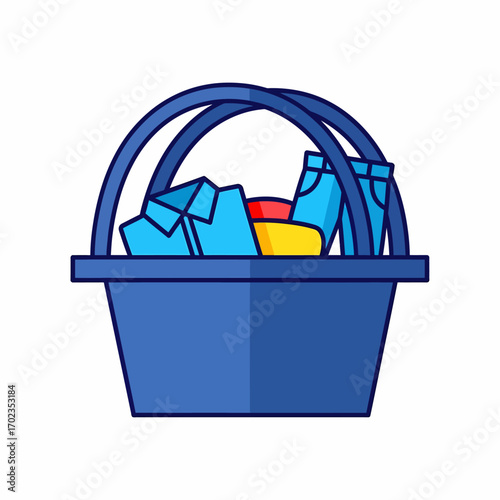 Blue basket filled with assorted colorful clothing items, including a shirt, pants, and other garments.