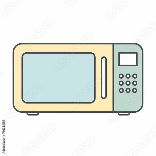 Illustration of a pastel-colored microwave oven with a light blue door and control panel on a white background.